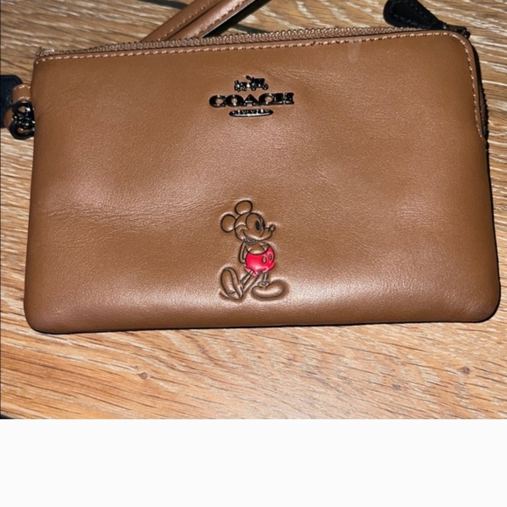 Coach Tan Leather Wristlet with Red Mickey Accent